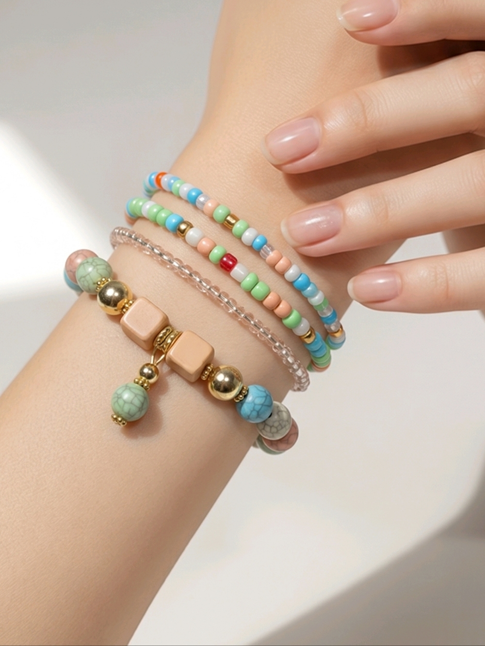 Pastel Bracelet Stack Set Layered Beaded Stretch Bracelets Gold Accent Arm Candy
